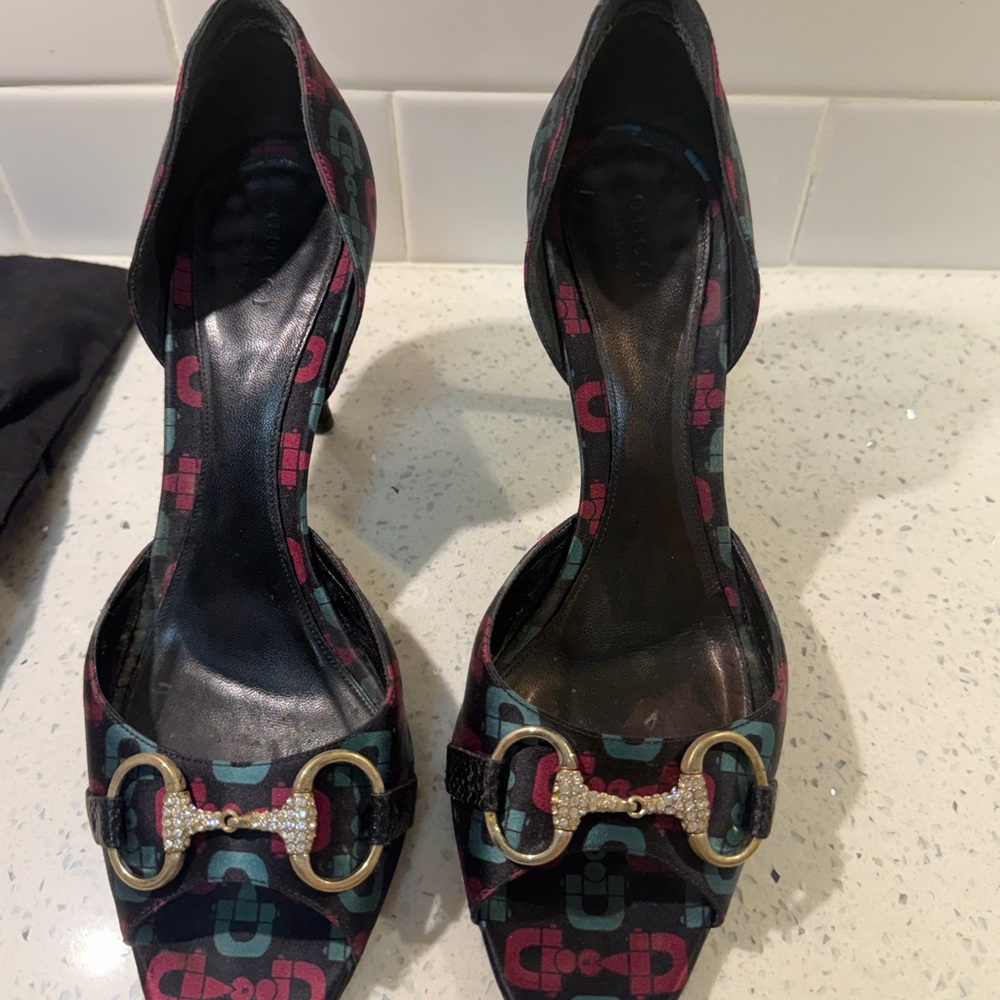 Gucci Black and Red Heels with Gold Accents